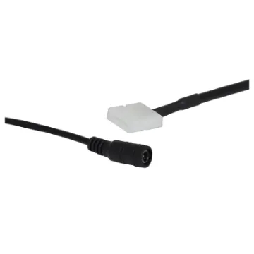 Allows easy connection cut of LED strip lighting to a power supply. One end is fitted with an 10mm two pin connection with press fit clip, the other end is fitted with a 2.1mm DC power socket for direct connection to a plugpack. Suits all 10mm wide LED strips with 2 pin connection.