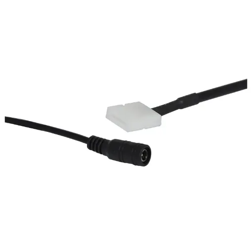 Allows easy connection cut of LED strip lighting to a power supply. One end is fitted with an 10mm two pin connection with press fit clip, the other end is fitted with a 2.1mm DC power socket for direct connection to a plugpack. Suits all 10mm wide LED strips with 2 pin connection.