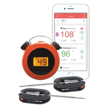 The EasyBBQ is a dual probe thermometer with Bluetooth connection to your smartphone. Includes 2 probes with stainless steel mesh cables. Android or iOS, plus monitoring on the backlit LCD. 0-300&degC range.  Requires 2xAAA batteries.