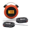 The EasyBBQ is a dual probe thermometer with Bluetooth connection to your smartphone. Includes 2 probes with stainless steel mesh cables. Android or iOS, plus monitoring on the backlit LCD. 0-300&degC range.  Requires 2xAAA batteries.