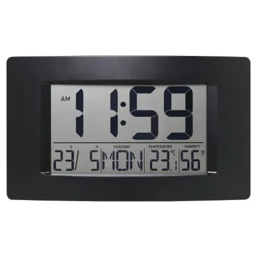 This handy jumbo LCD 12/24 hour clock, thermometer and calendar is great for around the home or office. The extra large clock digits allow it to be read up to 30m away. The screen also provides date, day of the week, temperature and humidity readings.