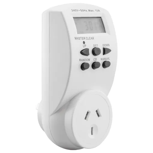 This 7 day digital 240V mains timer can switch on and off up to 10 times per day.  Has a &quotrandom&quot function which turns appliances on and off at non-specified times during the day and night (great for when you are on holiday).
