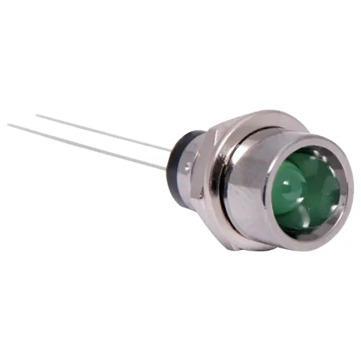 5mm Green LED with chrome bezel, soldertail connection