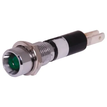 12V Green LED with chrome panel mount bezel.
Mounting hole: 	6.7mm&Oslash. 
Mounting depth: 	27mm 
Maximum panel thickness: 	6.5mm