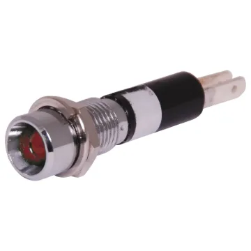 24V Red LED with chrome panel mount bezel.
Mounting hole: 	6.7mm&Oslash. 
Mounting depth: 	27mm 
Maximum panel thickness: 	6.5mm