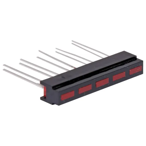 Horizontall Bar Graph LED display 

5 Segment Bar Graph LED Display Two or more of these bar graphs can be mounted side by side to give longer LED arrays. ie. 10, 15, 20, 25, etc. All Models are 35 x 5 mm with 5 Segments.