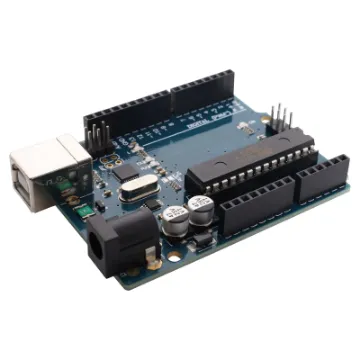 A microcontroller board based on the ATmega328. It has 14 digital input/output pins (of which 6 can be used as PWM outputs), 6 analog inputs, a 16MHz crystal oscillator, a USB connection, a power jack, an ICSP header, and a reset button. It contains everything needed to support the microcontroller; simply connect it to a computer with a USB cable.