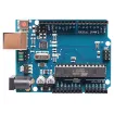 A microcontroller board based on the ATmega328. It has 14 digital input/output pins (of which 6 can be used as PWM outputs), 6 analog inputs, a 16MHz crystal oscillator, a USB connection, a power jack, an ICSP header, and a reset button. It contains everything needed to support the microcontroller; simply connect it to a computer with a USB cable.