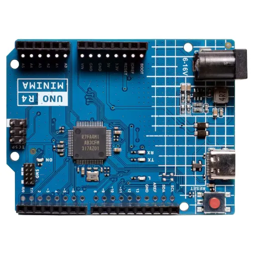 Introducing the Funduino UNO R4 Minima compatible Arduino board. Equipped with the RA4M1 microprocessor, this board offers enhanced processing power, expanded memory, and more, all while maintaining the reliable UNO form factor and practical 5V operating voltage. Get ready for a remarkable upgrade!