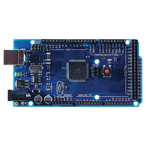 The Arduino Mega 2560 is a microcontroller board based on the ATmega2560. It has 54 digital input/output pins (of which 14 can be used as PWM outputs), 16 analog inputs, 4 UARTs (hardware serial ports), a 16 MHz crystal oscillator, a USB connection, a power jack, an ICSP header, and a reset button. It contains everything needed to support the micro