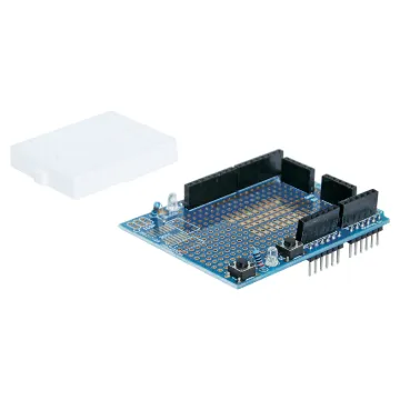 A pre-built prototyping shield with a large build area to suit Arduino UNO compatible boards. Each includes a 170 hole breadboard with adhesive backing. All headers and components pre-soldered. Stackable design makes it easy to add onto your design as your need it.