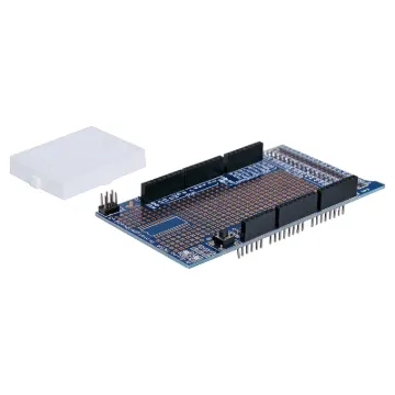A pre-built prototyping shield with a large build area to suit Arduino Mega compatible boards. Each includes a 170 hole breadboard with adhesive backing. All headers and components pre-soldered. Stackable design makes it easy to add onto your design as your need it.