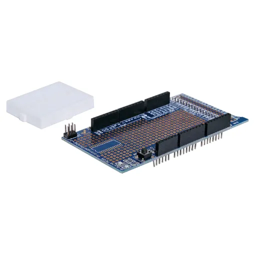A pre-built prototyping shield with a large build area to suit Arduino Mega compatible boards. Each includes a 170 hole breadboard with adhesive backing. All headers and components pre-soldered. Stackable design makes it easy to add onto your design as your need it.