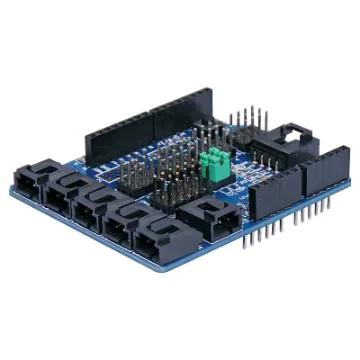 A stackable sensor connection board for Arduino. It features quick connection headers for digital I/O pins, and latching sockets for analog inputs. Selectable I2C and UART communication port on board. Each terminal has a ground, VCC and signal connection. Ideal for breaking out an Arduino board to multiple sensors. Can be used with our P 1016 & P 1