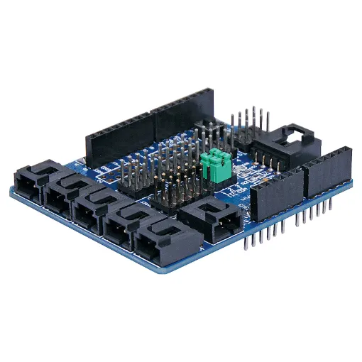 A stackable sensor connection board for Arduino. It features quick connection headers for digital I/O pins, and latching sockets for analog inputs. Selectable I2C and UART communication port on board. Each terminal has a ground, VCC and signal connection. Ideal for breaking out an Arduino board to multiple sensors. Can be used with our P 1016 & P 1