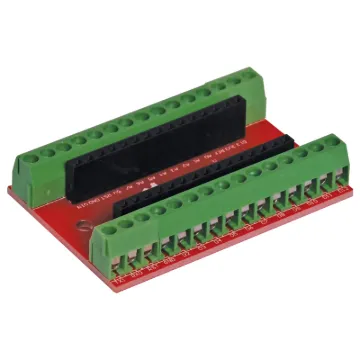 A breakout board fitted with 2.5mm pitch terminal blocks for every pin on the Funduino Nano board. Board dimensions 53 x 32 x 1.6mm
