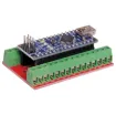 A breakout board fitted with 2.5mm pitch terminal blocks for every pin on the Funduino Nano board. Board dimensions 53 x 32 x 1.6mm