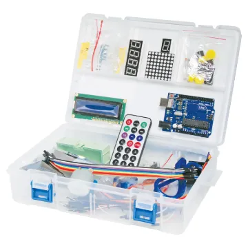 A parts kit for people interested in learning working with Arduino powered designs.  It includes an Arduino UNO compatible board, proto-shield, dot matrix LED module, 7 segment displays, two breadboards, stepper motor, servo, IR remote, connection leads, battery box and a variety of components, LEDs, buttons and sensors.