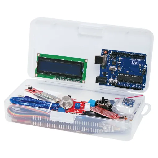 This kit includes an LCD readout for visualising data from a variety of included analog sensors. It is supplied with an Arduino UNO compatible board, USB cable, sensor connection leads and 10 breakout boards. The boards included ultrasonic distance detector, moisture sensor, water sensor, joystick, mic and accelerometer.