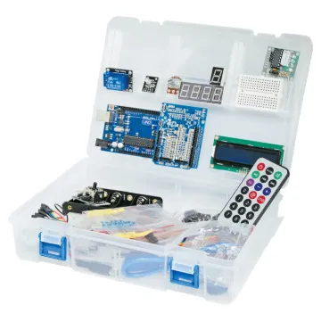 Includes an Arduino UNO compatible board, proto-shield,  alphanumeric LCD, dot matrix LED module, 7 segment displays, two breadboards, stepper motor, servo, battery box and other components.