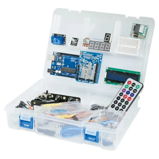 Includes an Arduino UNO compatible board, proto-shield,  alphanumeric LCD, dot matrix LED module, 7 segment displays, two breadboards, stepper motor, servo, battery box and other components.