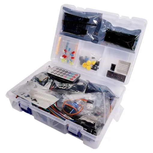 A handy parts kit containing everything you need to start learning Arduino and building projects. Includes a huge selection of sensor boards, LEDs, pots, jumper wires, a breadboard, LCD screen and much more!