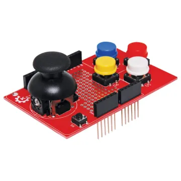 A joystick and button controller which plugs directly onto an Arduino UNO. Features a header for direct connection to Z 6348 Nokia screen. 3V3 or 5V DC input.  Size: 88L x 54W x 40Hmm.