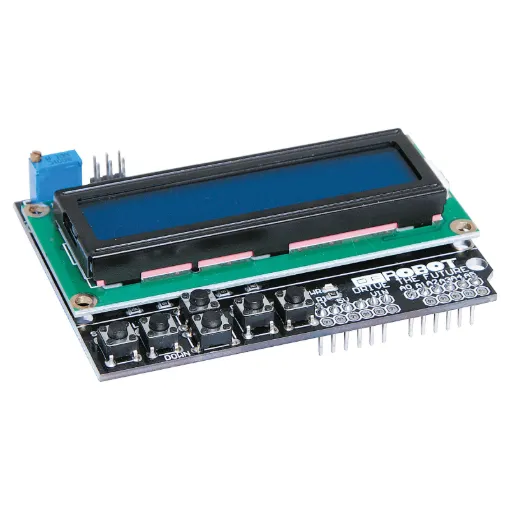 A 16x2 black character screen with green backlight. Push buttons are provided for up, down, left, right and select. Ideal for scrolling and selecting menu options. Works with the LiquidCrystal library in Arduino IDE allowing control with only 6 digital I/O lines.  Standard Arduino shield dimensions and pinouts.