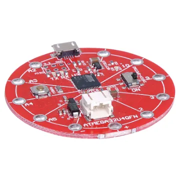The "lilypad" form factor allows easy building of sewable electronics and e-textile projects.  Can be used with Z 6368 LED sequins. The ATMega 32U4 is an 8-bit AVR microcontroller featuring 32KB self-programming flash program memory and a 12-channel 10-bit A/D-converter.