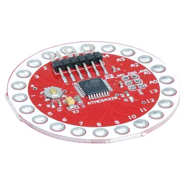 The "lilypad" form factor allows easy building of sewable electronics and e-textile projects.  Can be used with Z 6368 LED sequins.  It has 14 digital input/output pins (of which 6 can be used as PWM outputs) and 6 analog inputs. 50mm&Oslash.