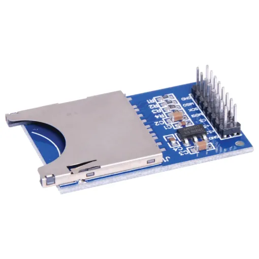 A simple SD card interface for adding mass storage to your project for access to files or datalogging. Pinout is Arduino compatible, but can be used with most other microcontrollers. 3.3/5V input. 30W x 50Lmm.