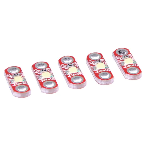 White SMD LED sequins in packs of 5pcs. Ideal for creating e-textile projects with Arduino Lilypad. 5V DC 40mA input. Size: 12.7W x 5.2H x 2.2Dmm.