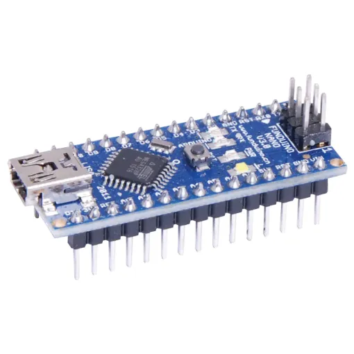 An Arduino compatible nano board featuring the ATmega328p chip. A compact, breadboard friendly version of the Arduino UNO. USB mini B connection for power and serial.  5V DC input.  Small size makes it perfect for embedding into your projects.  
Size: 46L x 18W x 18Hmm.