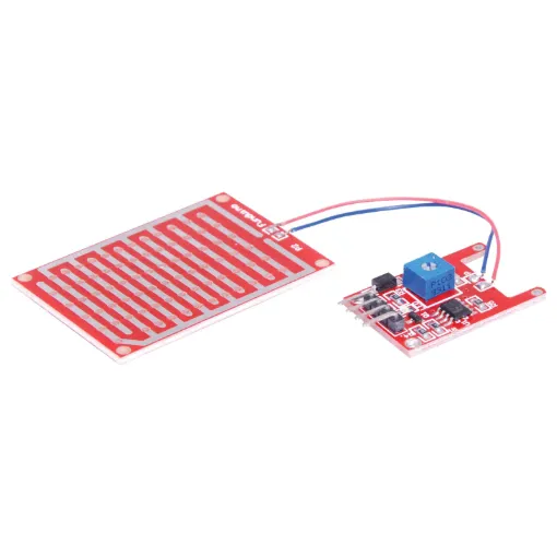 This rain sensor board detects moisture and can be used for triggering a relay buzzer or fan. TTL level output. Output drops low when rain is detected. 100mA output. Adjustable sensitivity.  Rain sensor board 50L x 35Wmm. 5V input.