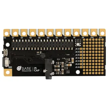 The Pi Cap is an addon board for the Raspberry Pi A+, B+, 2 B, 3 B and Zero. It features a dedicated capacitive sensing IC, 3.5mm stereo audio output, push switch, RGB LED and prototyping area