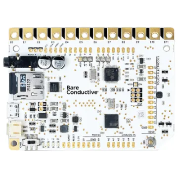 The Touch Board is a microcontroller board with dedicated capacitive touch and MP3 decoder ICs. It has a headphone socket and micro SD card holder (for file storage), as well as having 12 capacitive touch electrodes. It is based around the ATmega32U4 and runs at 16MHz from 5V. It has a micro USB connector, a JST connector for an external lithium po
