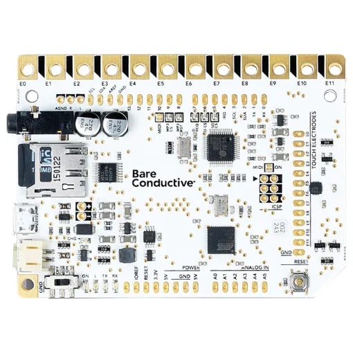 The Touch Board is a microcontroller board with dedicated capacitive touch and MP3 decoder ICs. It has a headphone socket and micro SD card holder (for file storage), as well as having 12 capacitive touch electrodes. It is based around the ATmega32U4 and runs at 16MHz from 5V. It has a micro USB connector, a JST connector for an external lithium po