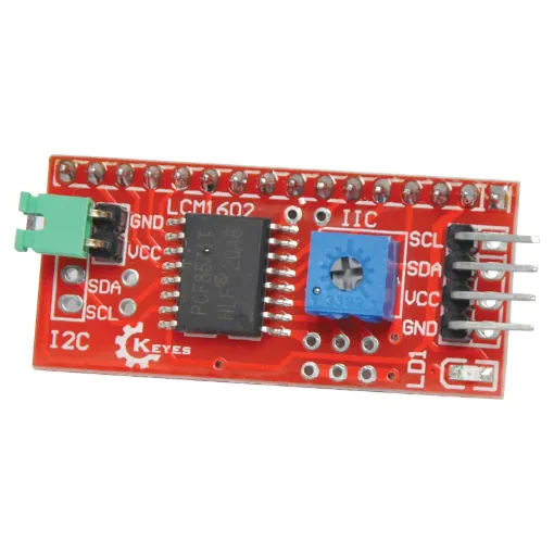 Connects to a 16x2 LCD module allowing you to drive the screen from just 2 IO pins on an Arduino development board. 5V input. Supports I2C protocol.