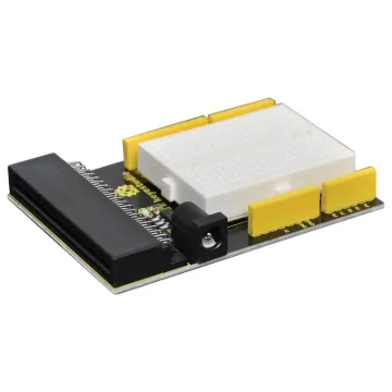 Features an adhesive breadboard, plus matching solder masked PCB holes underneath for when you want to solder down your design. All micro:bit pins broken out to headers.