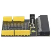 Features an adhesive breadboard, plus matching solder masked PCB holes underneath for when you want to solder down your design. All micro:bit pins broken out to headers.