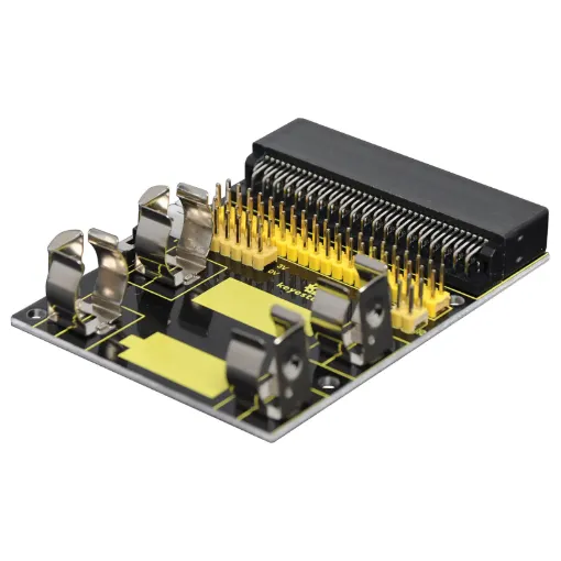 This power breakout board allows you to break out all the micro:bit pins, plus provides power via 2 x AA batteries. The board also includes short power lead adaptor.