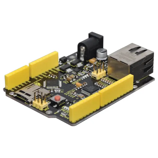 This W5500 ethernet development board is based on the microcontroller of Arduino Ethernet. The board features integrated USB download, TF card slot and more functions on it. Its also fully compatible with UNO pins.