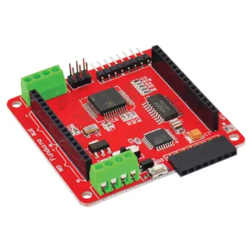 A control shield suitable for use with the Arduino UNO to power and control the Z 0977 8x8 RGB LED module. Create colourful effects, display symbols and text using this creative shield. 5V DC input. DM163 & M54564FP controller on board.