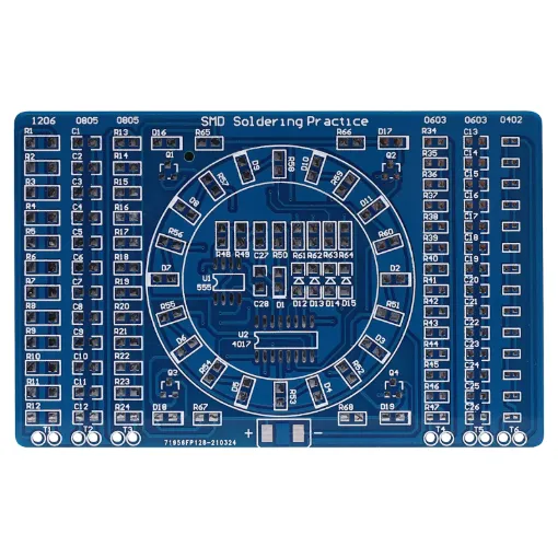 This Soldering SMD Practice Board Kit contains all the components needed for users to learn and improve their soldering abilities.