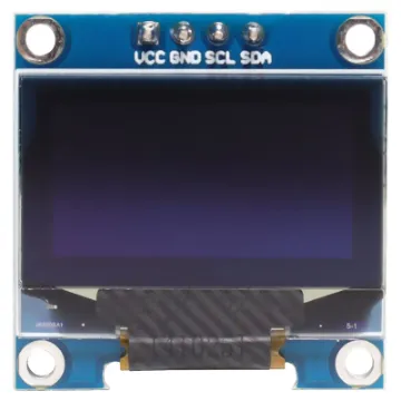 A compact monochrome 128x64 OLED display module with I2C/SPI communication. 3-5V input. 22x22x12mm.