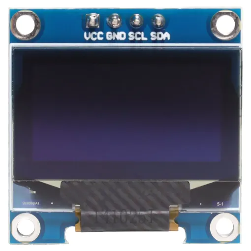 A compact monochrome 128x64 OLED display module with I2C/SPI communication. 3-5V input. 22x22x12mm.
