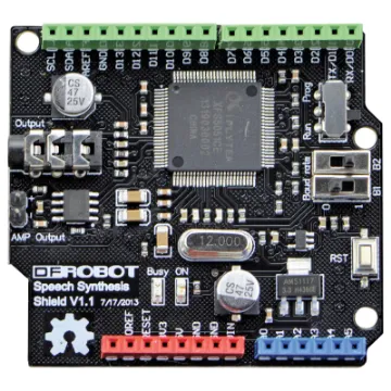 This Speech Synthesis Shield is designed to be easily stacked upon any standard arduinos. It uses a XFS5051CE speech synthesis chip from IFLYTEK which combines world leading technology and high degree of integration.