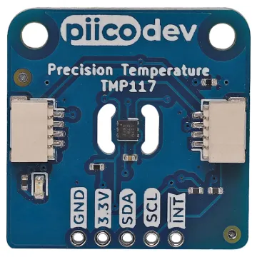 The PiicoDev Precision Temperature Sensor features a low-power, high precision TMP117 with 16-bit resolution and an accuracy of ±0.1°C (across -20°C to +50°C) with no calibration required.