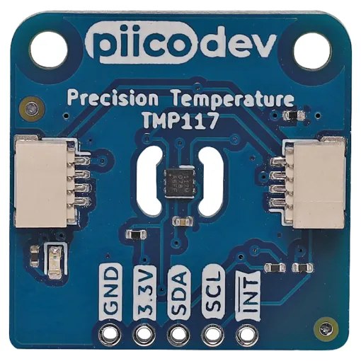 The PiicoDev Precision Temperature Sensor features a low-power, high precision TMP117 with 16-bit resolution and an accuracy of ±0.1°C (across -20°C to +50°C) with no calibration required.