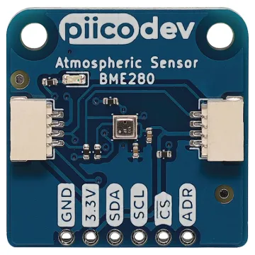 The PiicoDev® Atmospheric Sensor allows you to easily measure barometric pressure, humidity, and temperature. Use it to build your own weather station or perform experiments.